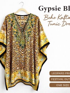Gypsie Blu Boho Kaftan Tunic Dress One Size Leopard Print Beach Cover Up
